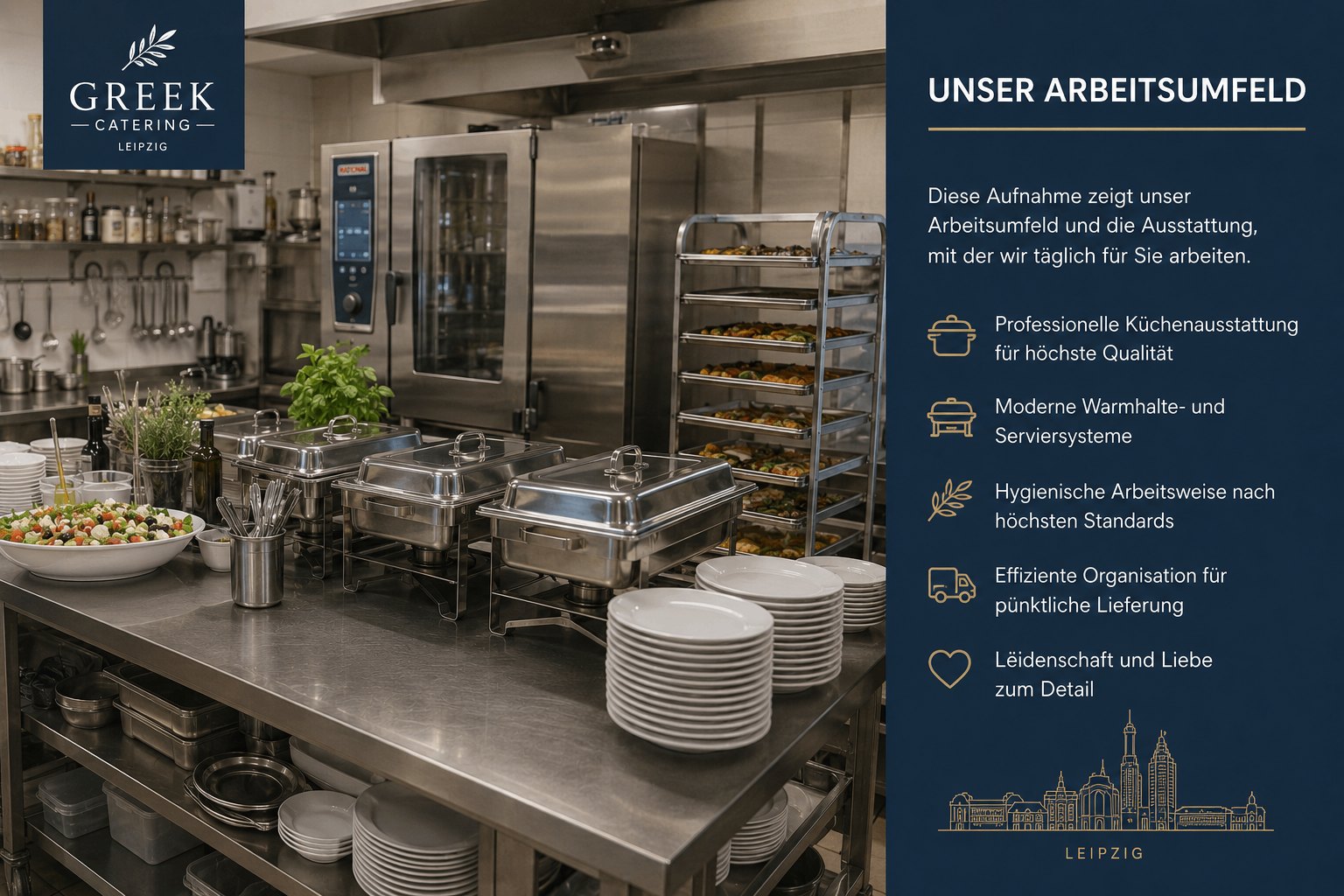 Unser Arbeitsumfeld: professionelle Küche mit Kombidämpfer, Warmhaltebehältern, Salat und Geschirr. Dazu fünf Merkmale: professionelle Küchenausstattung, moderne Warmhalte- und Serviersysteme, hygienische Arbeitsweise, effiziente Organisation für pünktliche Lieferung sowie Leidenschaft und Liebe zum Detail.