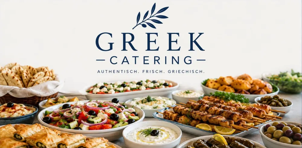 Griechisches Buffet mit Souvlaki, Bauernsalat, Tzatziki, Spanakopita, Dolmades, Oliven und Pita